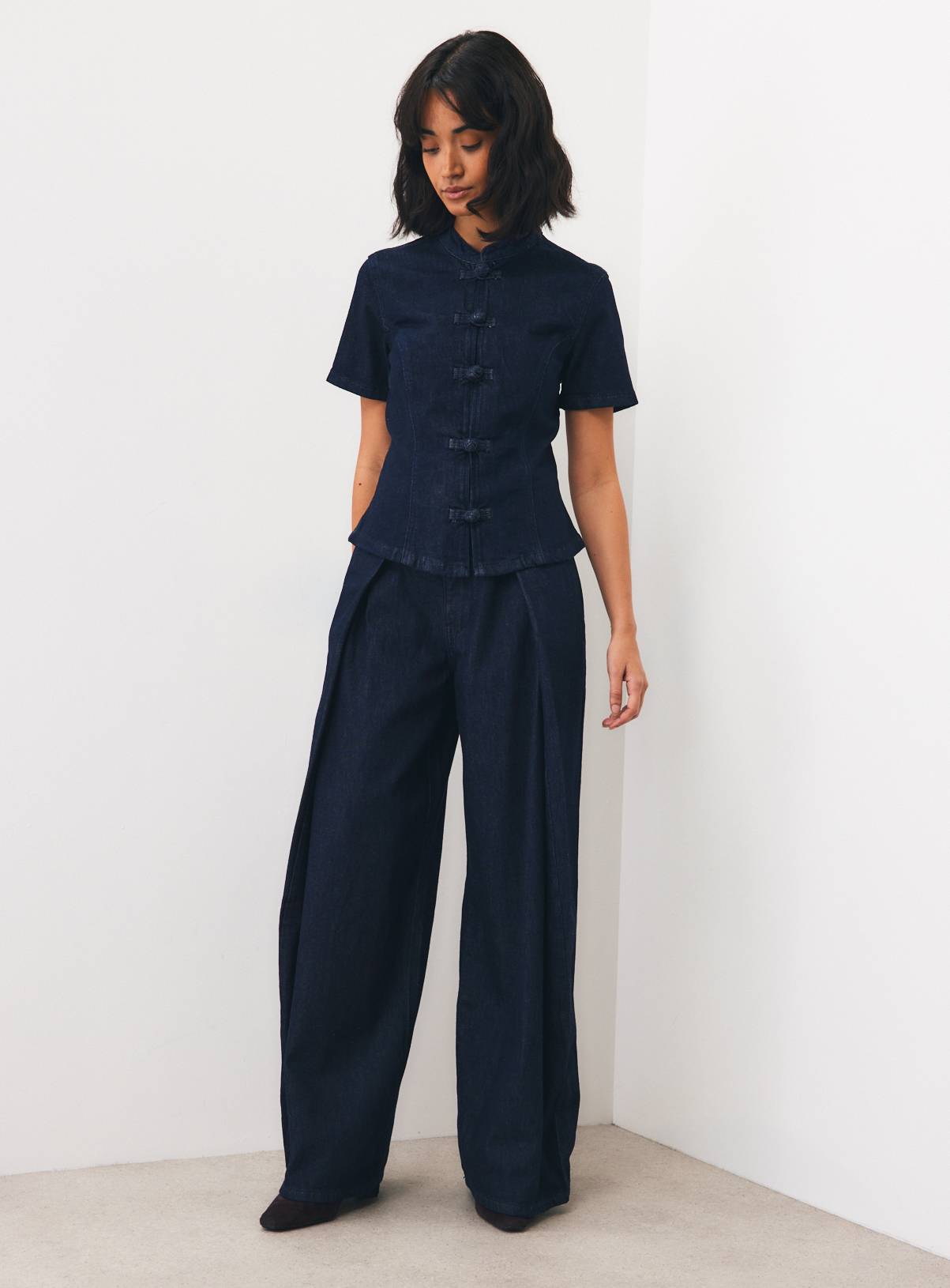 Dark Denim Frog Fastening Grandad Collar Top 12 - Image 3